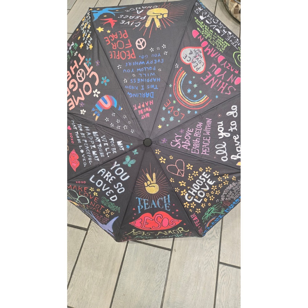 Sugarboo & Co Inspirational Quote Compact Umbrella Peace Love Rainbow Black